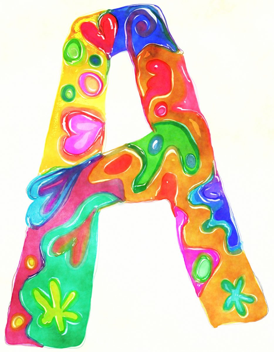 The letter a, decorated in rainbow shades.